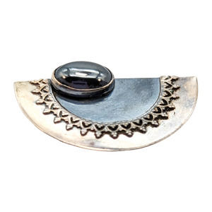 Hand Wrought Sterling Silver Modernist Half Circle Brooch with Hematite Stone